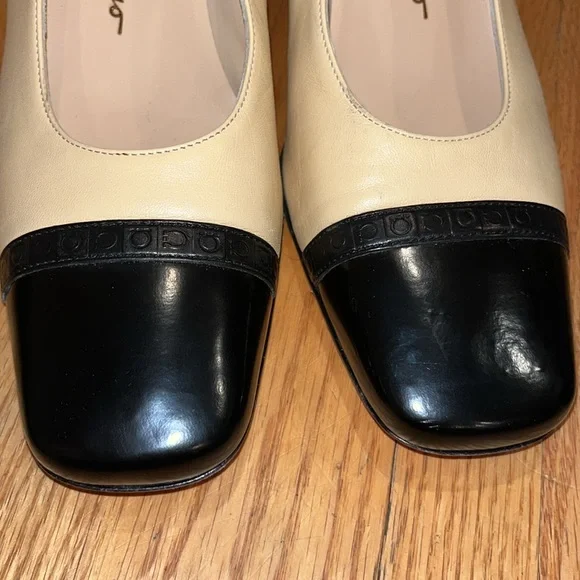 Salvatore Ferragamo Cream and Black Leather Block Heel Pumps Size 8B - Picture 7 of 10